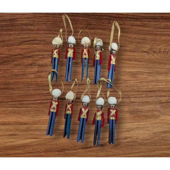 Set Of 10 Handmade Nutcracker Soldier Clothespin Ornaments With Gold Ribbon Hang - Picture 1 of 8